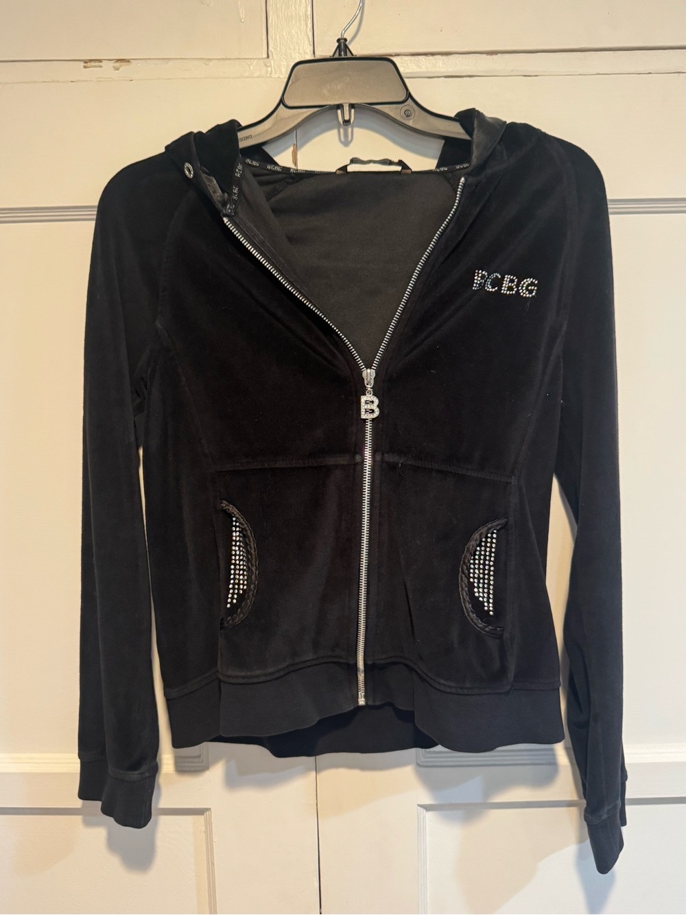 BCBG Black Velour Rhinestone-Trim Zip Hoodie